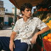 Men's White Floral Slub Cotton Short Sleeve Casual Shirt