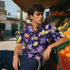 Men's Purple Floral Slub Cotton Short Sleeve Casual Shirt