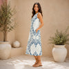 Blue Ikat Print Sleeveless Midi Dress