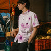 Men's White Pink Floral Slub Cotton Short Sleeve Casual Shirt