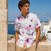 Men's White Pink Floral Slub Cotton Short Sleeve Casual Shirt